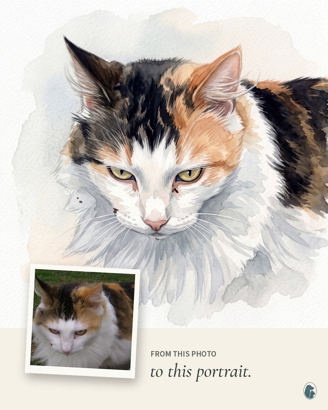 Example: from this photo to this portrait. A calico cat photo and the watercolor portrait made from it