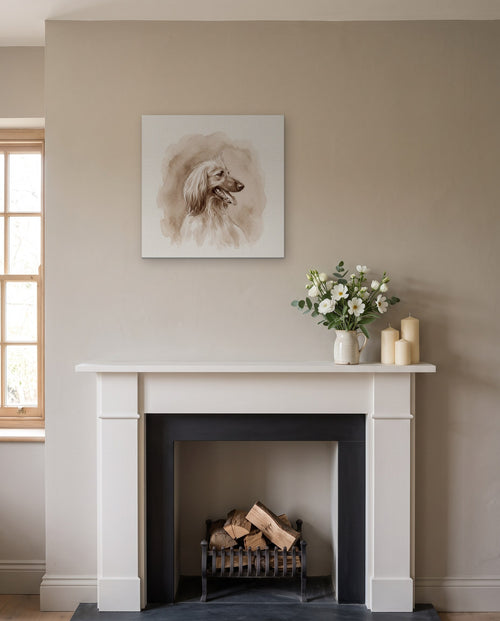Memorial portrait in soft sepia watercolor on a mantel