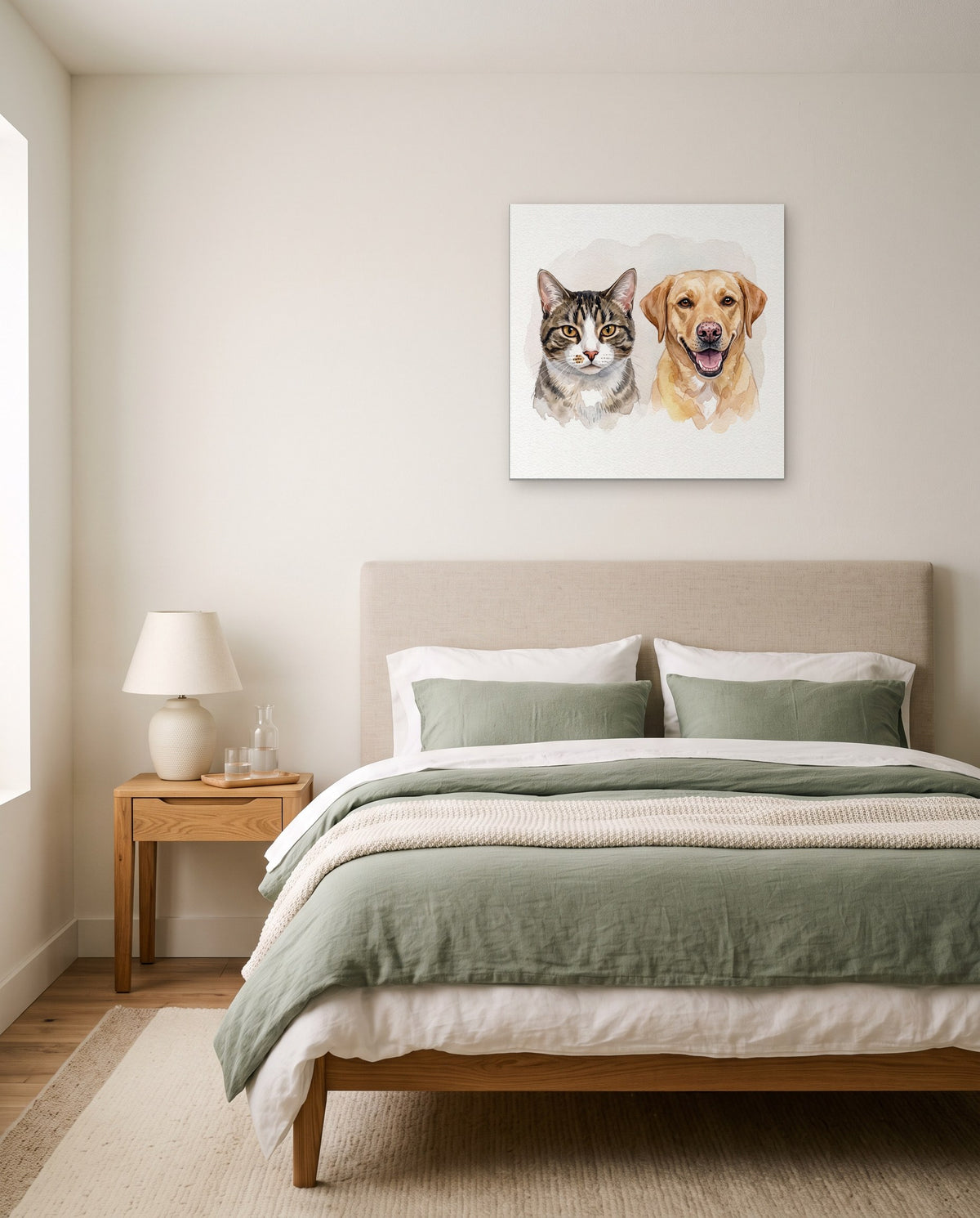 Two pets in one portrait, a cat and a Labrador, as a 30x30 canvas