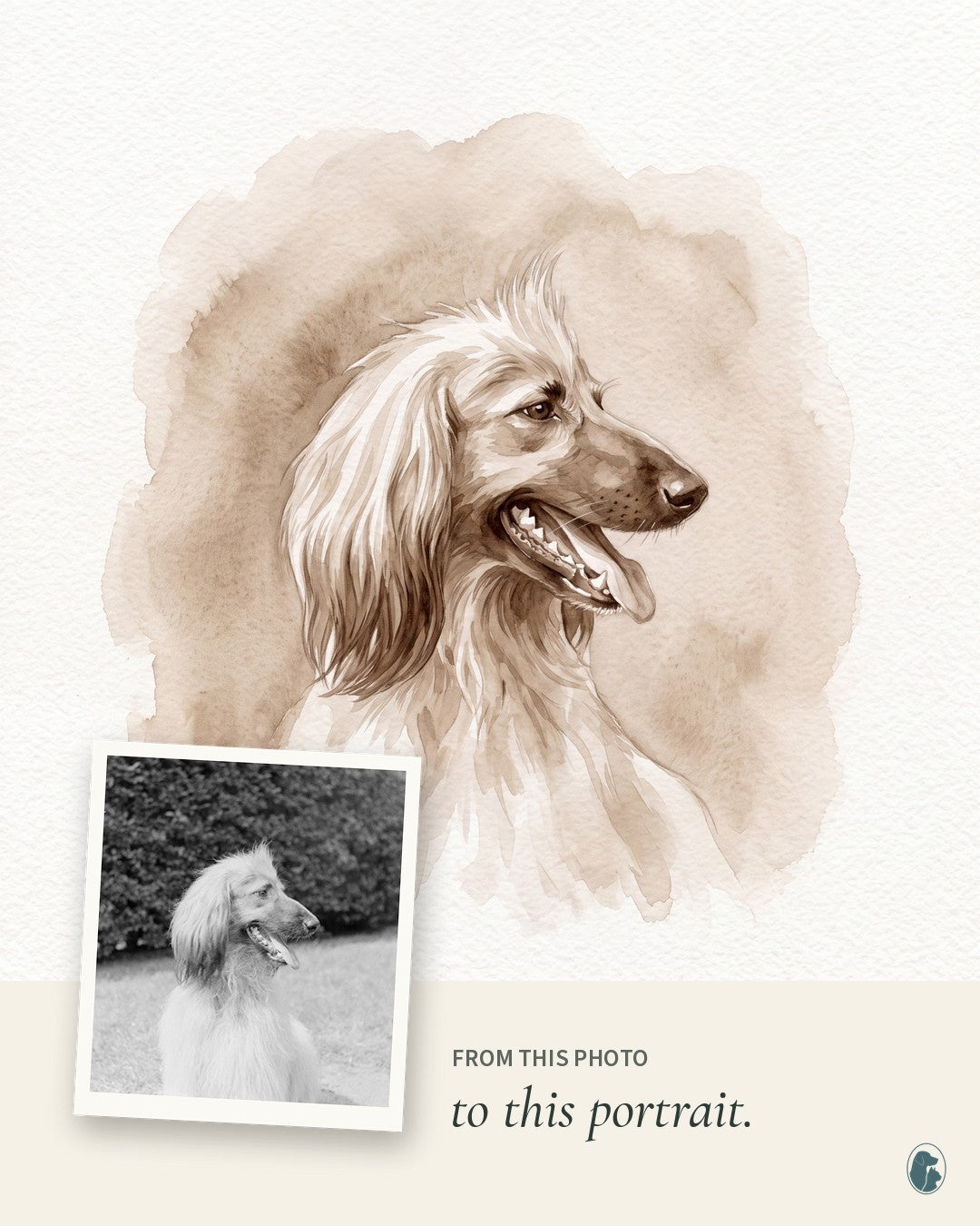Example: from this photo to this portrait. An old black and white photo and the sepia watercolor memorial portrait made from it