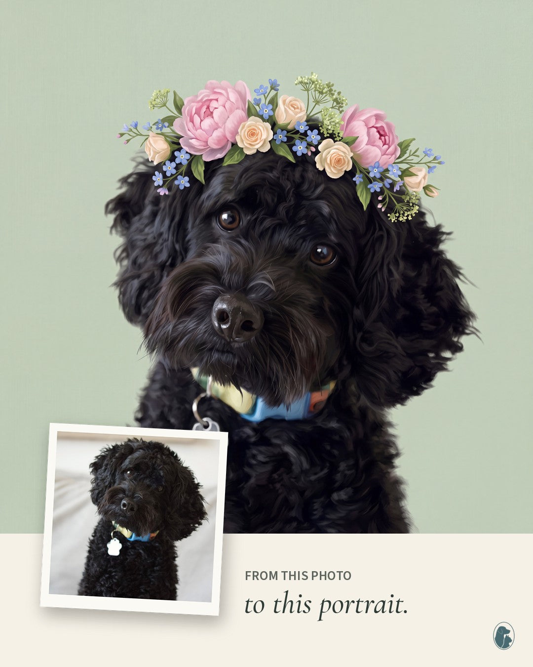 Example: from this photo to this portrait. A poodle photo and the floral portrait made from it