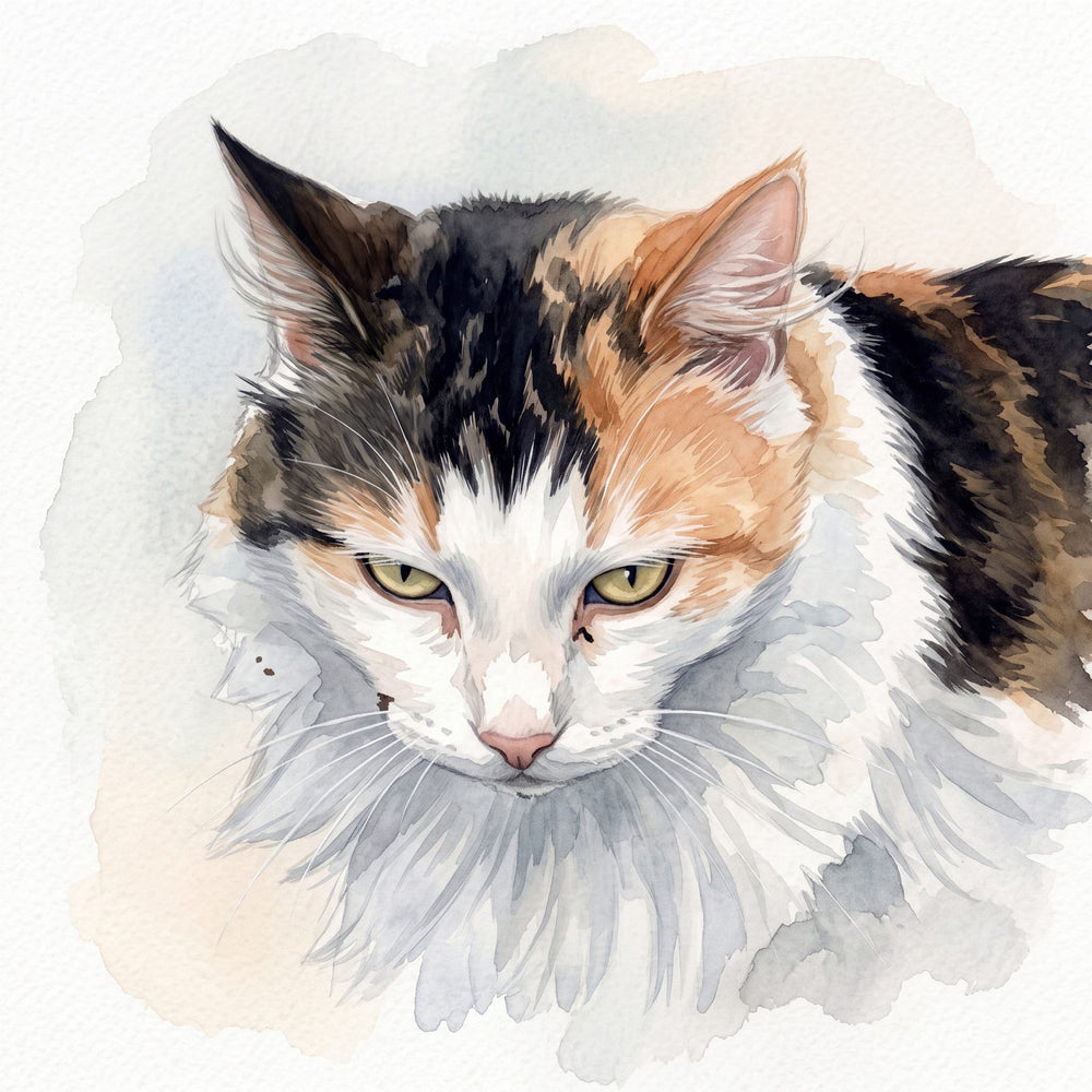 Watercolor portrait of calico cat