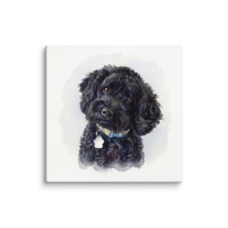Example of a 20 x 20 inch gallery-wrapped canvas: a watercolor portrait of a black dog
