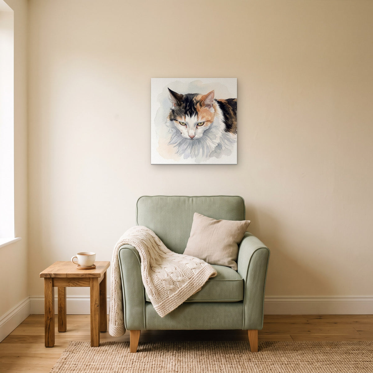 Example: a watercolor portrait of a calico cat as a 20 x 20 canvas on a wall by a reading chair