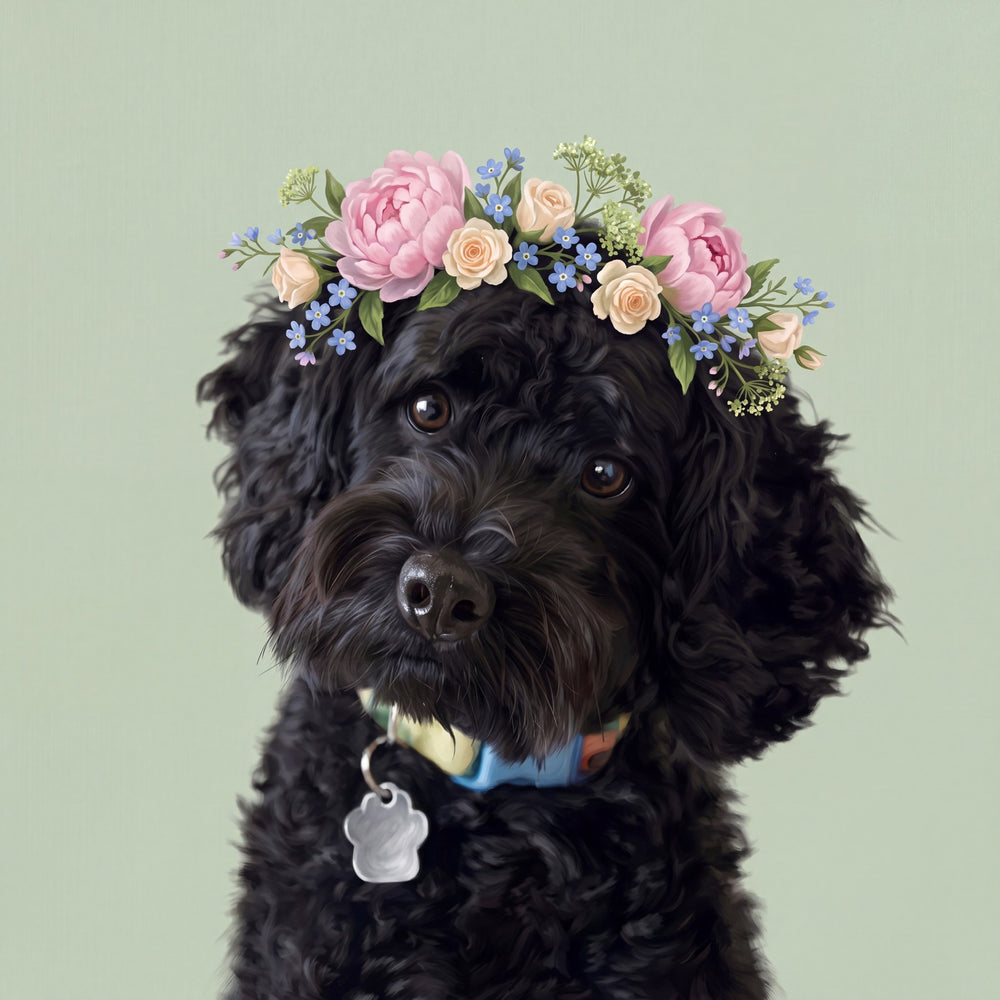 Floral portrait of a black curly-coated dog
