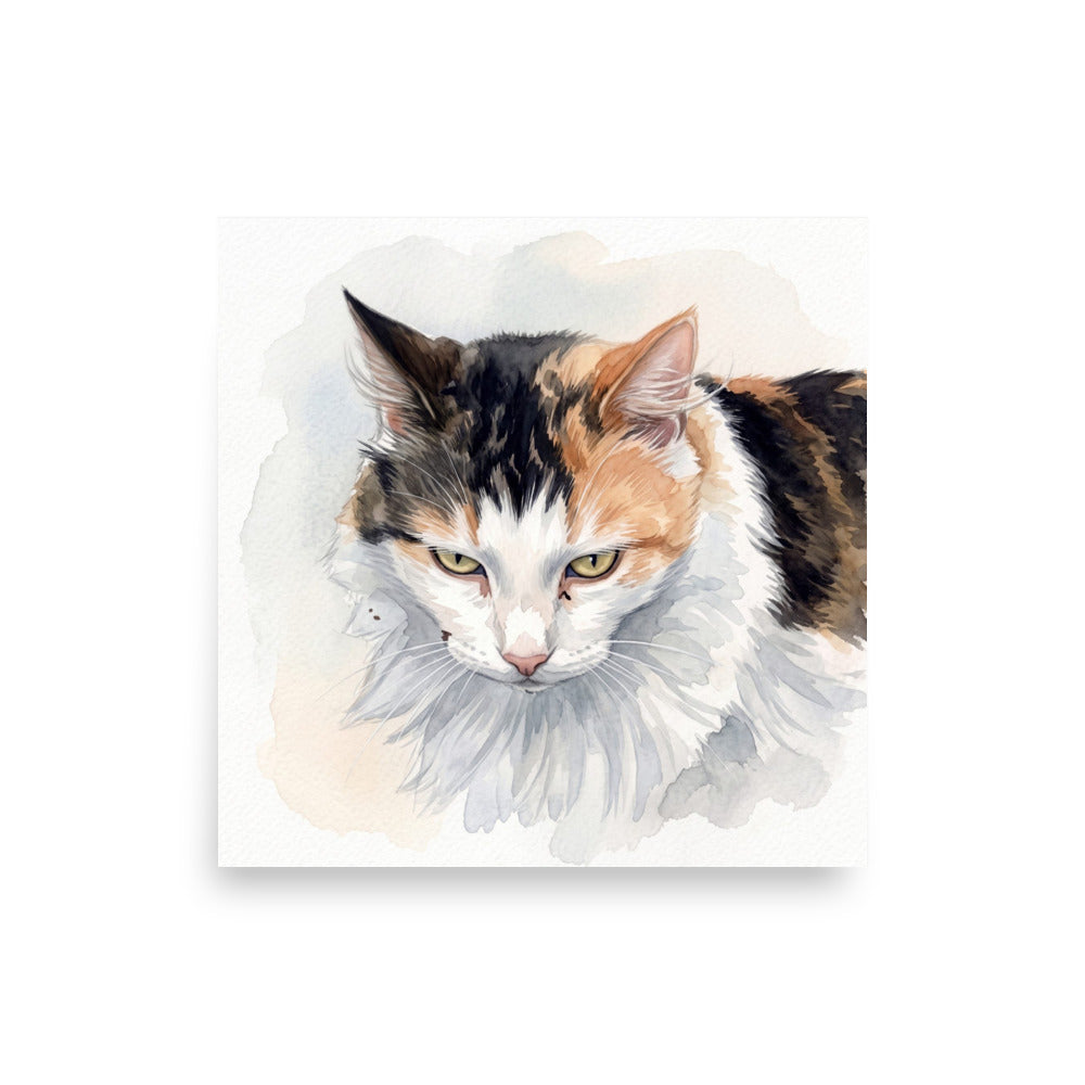 Example: a watercolor portrait of a calico cat as a 16 x 16 inch unframed matte paper print